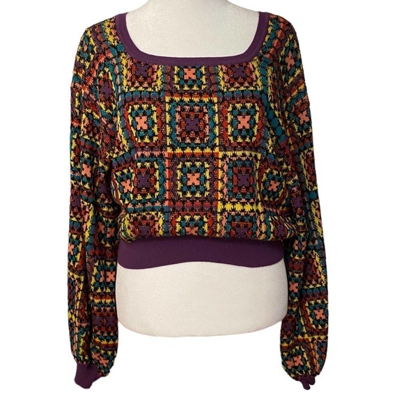 Farm Rio Granny Square Multicolor Boat Neck Geometric Knitted Crochet Sweater S - Picture 4 of 14